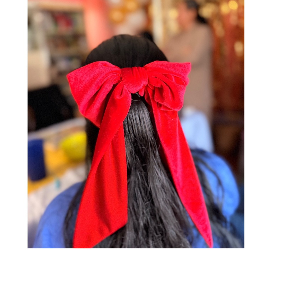 Set of 2 Velvet Hair Bow Barrettes Red Cream White Oversized Long Tail Clips